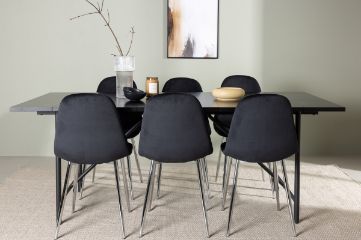 Imagine Masa de dining Astrid 200*75 - Negru mat / MDF negru mat cu furnir + Scaun de dining Polar - Catifea neagra / Crom _6