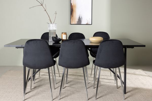 Imagine Masa de dining Astrid 200*75 - Negru mat / MDF negru mat cu furnir + Scaun de dining Polar - Catifea neagra / Crom _6