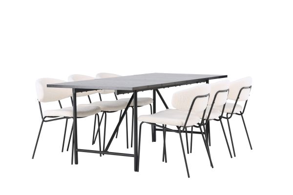 Imagine Masa de dining Astrid 200*75 - Negru mat / MDF negru mat cu furnir + Scaun de dining Chico - Negru / Boucle alb _6