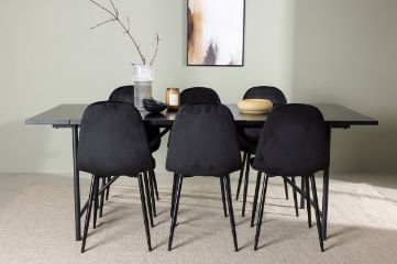 Imagine Masa de dining Astrid 200*75 - Negru Mat / MDF negru mat cu furnir + Scaun de dining Polar - Picioare negre / Catifea neagra _6