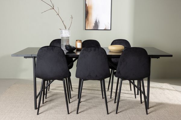 Imagine Masa de dining Astrid 200*75 - Negru Mat / MDF negru mat cu furnir + Scaun de dining Polar - Picioare negre / Catifea neagra _6