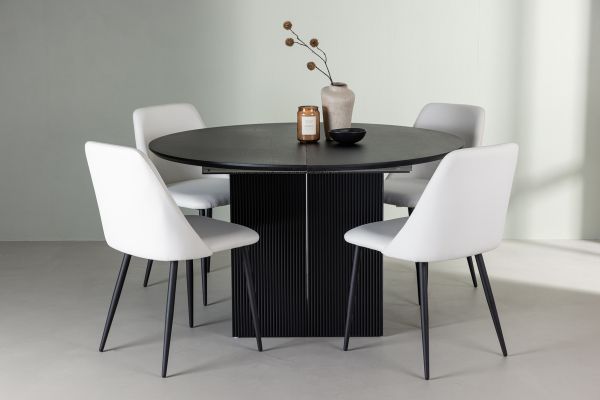 Imagine Vă rugăm să traduceți complet Matilda Dining Table φ130 - Negru / MDF negru cu furnir + Scaun de cină Night - Negru / PU alb _ 4