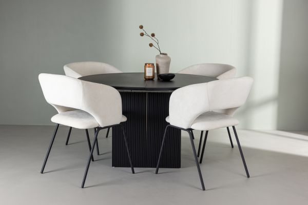 Imagine Masa de dining Matilda ø130 - Negru / MDF negru cu furnir + Scaun de dining Day - Negru mat / In pânză albă _4