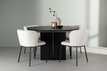 Imagine Masa de dining Matilda φ130 - Negru / MDF cu furnir + Scaun de dining Edina - Negru / Alb Boucle _4