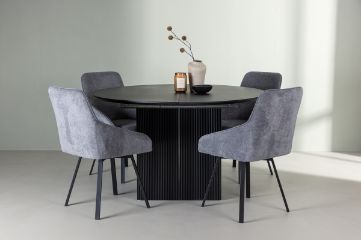 Imagine Masa de dining Matilda φ130 - Negru / MDF cu furnir + Scaun de dining Rosie - Negru / Material gri închis