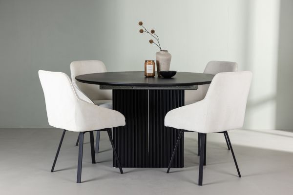 Imagine Masa de dining Matilda φ130 - Negru / MDF negru cu furnir + Scaun de dining Rosie - Negru / Material bej _4