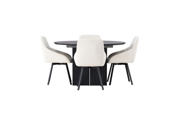 Imagine Masa de dining Matilda φ130 - Negru / MDF negru cu furnir + Scaun de dining Rosie - Negru / Material bej _4