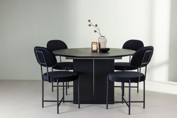 Imagine Masa de dining Matilda φ130 - Negru / MDF negru cu furnir + Scaun de dining Stella - Negru / Catifea neagra _4