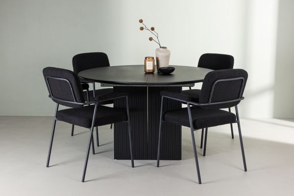 Imagine Masa de dining Matilda φ130 - Negru / MDF negru cu furnir + Scaun de dining Yesterday - Negru / Boucle negru _4