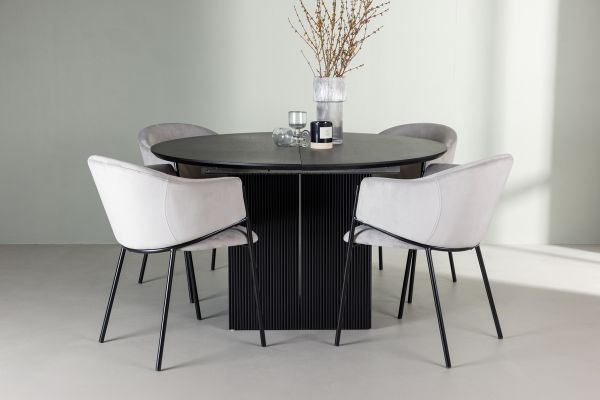 Imagine Masa de dining Matilda φ130 - Negru / MDF cu furnir + Scaun de dining Evelina - Negru / Catifea gri deschis _4