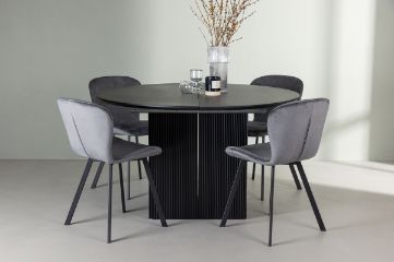 Imagine Masa de dining Matilda φ130 - Negru / MDF negru cu furnir + Scaun de dining Lilja - Negru / Material gri inchis _4