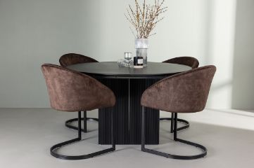 Imagine Matilda Dining Table φ130 - Black / Black MDF with veneer +Evening Dining Chair - Matte brown / Brown Fabric _4