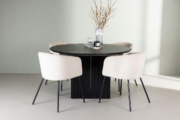 Imagine Masa de dining Matilda φ130 - Negru / MDF cu furnir + Scaun Berit - Negru / Catifea Bej _4