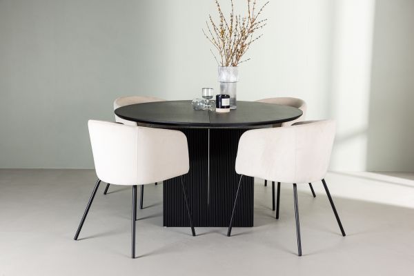 Imagine Masa de dining Matilda φ130 - Negru / MDF cu furnir + Scaun Berit - Negru / Catifea Bej _4