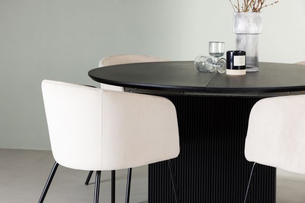 Imagine Masa de dining Matilda φ130 - Negru / MDF cu furnir + Scaun Berit - Negru / Catifea Bej _4