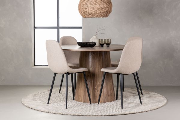 Imagine Masa de dining Lanzo φ120 - Natural / MDF Natural + 4 scaune de dining Polar - Negru / Boucle Bej