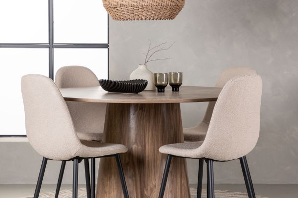 Imagine Masa de dining Lanzo φ120 - Natural / MDF Natural + 4 scaune de dining Polar - Negru / Boucle Bej