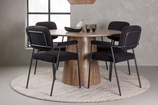 Imagine Masa de dining Lanzo φ120 - Natural / MDF natural + 4 scaune de dining Yesterday - Negru / Boucle Negru