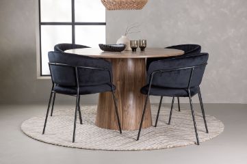 Imagine Masa de Dining Lanzo φ120 - Natural / MDF Natural + Scaun de Dining Selma - Negru / Catifea Neagra _4