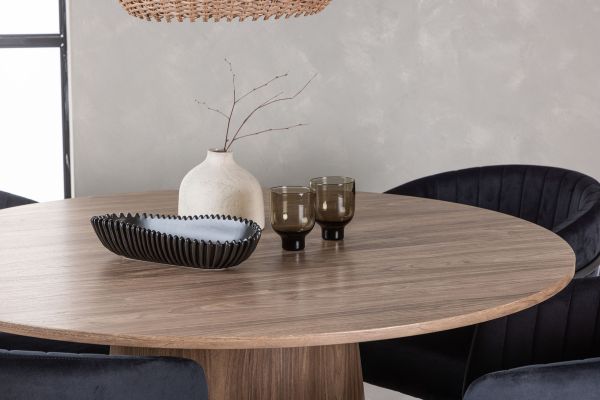 Imagine Masa de Dining Lanzo φ120 - Natural / MDF Natural + Scaun de Dining Selma - Negru / Catifea Neagra _4