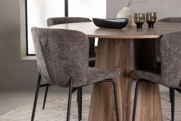 Imagine Masa de Dining Lanzo φ120 - Natural / MDF Natural + Scaun de Dining Modesto - Gri / Boucle Negru Fumuriu _4