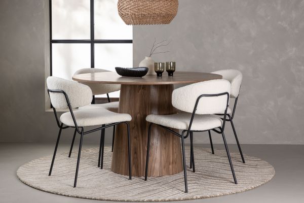 Imagine Masa de dining Lanzo φ120 - Natural / MDF natural + Scaun de dining Chico - Negru / Boucle alb - 4