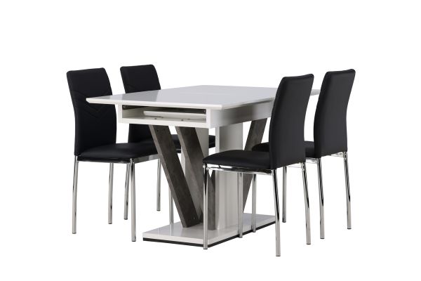 Imagine Masa de dining Disa 120/160*80 - Alb / Gri MDF + Scaun de dining Lily - Picior cromat / Piele neagră PU _ 4