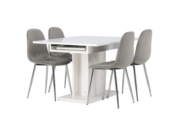 Imagine Masa de dining Pluto extensibilă 120/160*90 - Alb / MDF sticlă + Scaun de dining Eva - Gri deschis / Catifea gri deschis _4