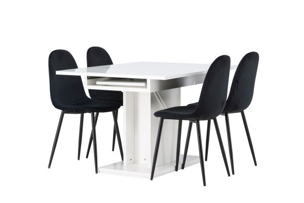 Imagine Masa de dining Pluto 120/160*90 - Alb / MDF Sticla + Scaun de dining Polar - Picioare negre / Catifea neagra _4