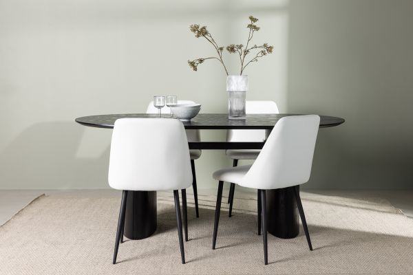 Imagine Masa de dining Isolde 180*75 - Negru / MDF Negru + Scaun de dining Night - Negru / White PU _ 4