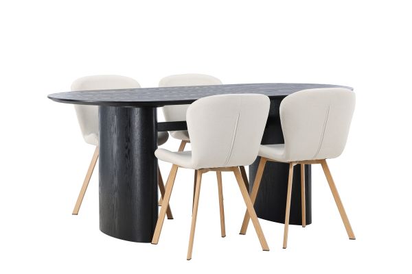 Imagine Masa de dining Isolde 180*75 - Negru / MDF negru + Scaun de dining Lilja - Aspect de stejar / Material bej _4