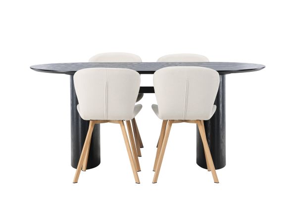 Imagine Masa de dining Isolde 180*75 - Negru / MDF negru + Scaun de dining Lilja - Aspect de stejar / Material bej _4