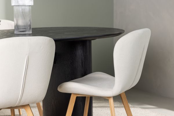 Imagine Masa de dining Isolde 180*75 - Negru / MDF negru + Scaun de dining Lilja - Aspect de stejar / Material bej _4