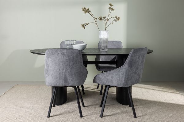 Imagine Masa de dining Isolde 180*75 - Negru / MDF negru + Scaun de dining Rosie - Negru / Material gri închis _4