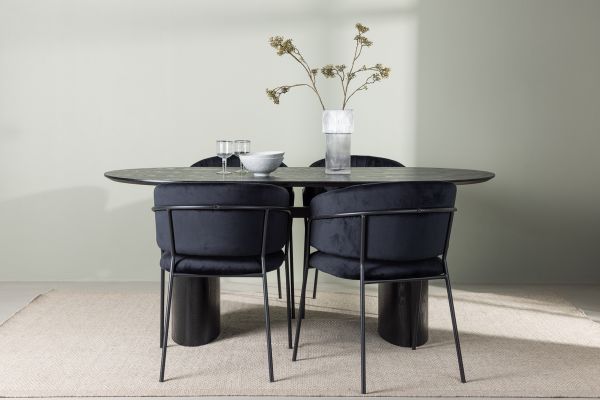 Imagine Masa de dining Isolde 180*75 - Negru / MDF negru + Scaun de dining Selma - Negru / Catifea neagră _4