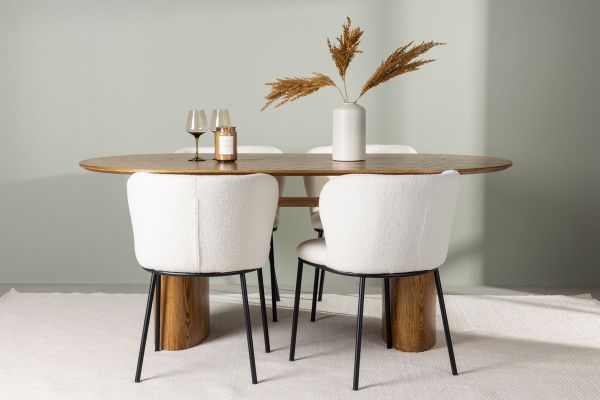 Imagine Masa de dining Isolde 140*75 - Natur / MDF natur + Scaun de dining Edina - Negru / Boucle alb _4