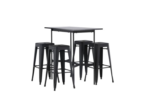 Imagine Translated text: 

"Masa de bar Rax 120*60 - Negru / MDF negru + Scaun de bar Tempe - Negru mat / Metal _4