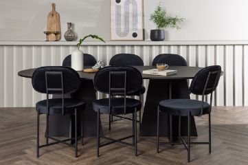 Imagine Masa de dining ovala Bootcut - Negru / Faneata Neagra + Scaun de dining Stella - Negru / Catifea neagra _6