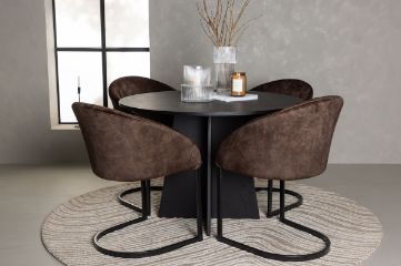 Imagine Masa de dining rotunda Bootcut - Negru / Faner negru + Scaun de dining Evening - Maro mat / Material maro _4