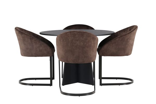 Imagine Masa de dining rotunda Bootcut - Negru / Faner negru + Scaun de dining Evening - Maro mat / Material maro _4