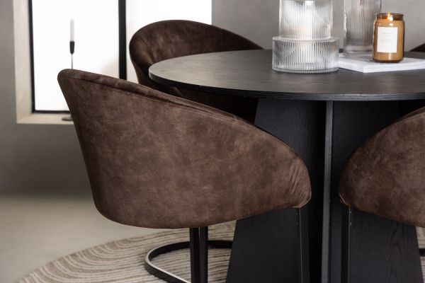 Imagine Masa de dining rotunda Bootcut - Negru / Faner negru + Scaun de dining Evening - Maro mat / Material maro _4