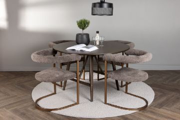 Imagine Masa de dining rotunda Kaseidon - cauciuc/ MDF maro inchis + Scaun de dining Morning - Negru/ Boucle Negru _4