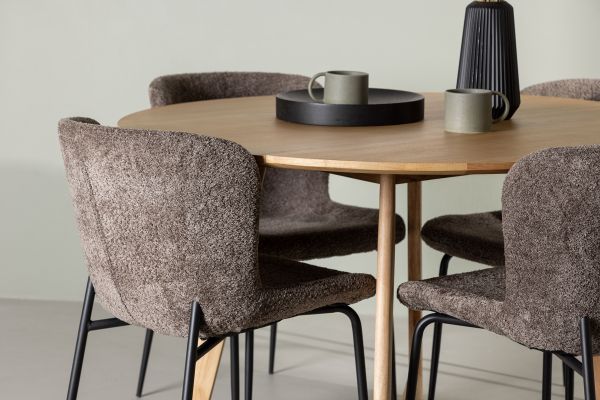 Imagine Masa de dining Yakidon - Lemn de cauciuc / MDF cu aspect de stejar + Scaun de dining Modesto - Gri / Boucle negru fumat _4