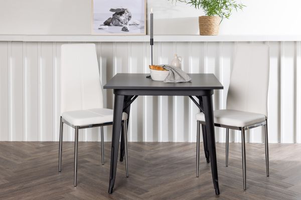 Imagine Masa de dining Tempe - Negru / MDF negru + 2 scaune de dining Pastill - Argintiu / PU alb