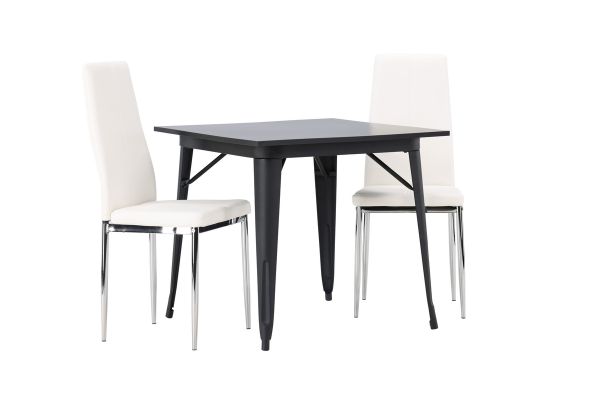 Imagine Masa de dining Tempe - Negru / MDF negru + 2 scaune de dining Pastill - Argintiu / PU alb