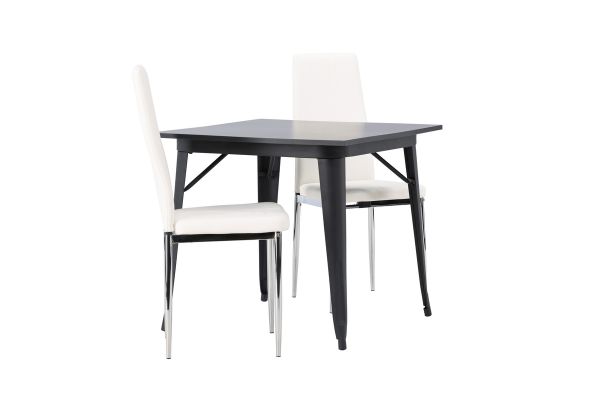 Imagine Masa de dining Tempe - Negru / MDF negru + 2 scaune de dining Pastill - Argintiu / PU alb