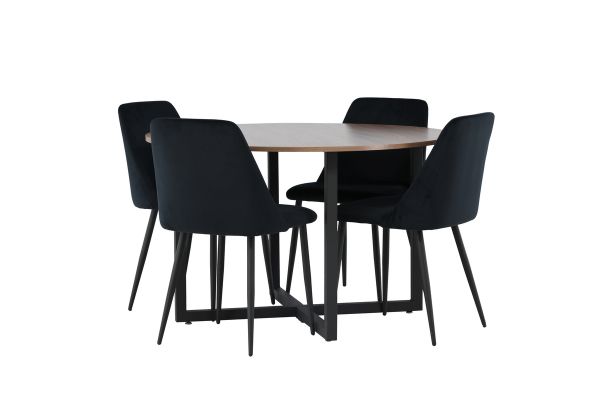 Imagine Masa de dining Durango - Negru / MDF nuc + Scaun de dining Night - Negru / Catifea neagra