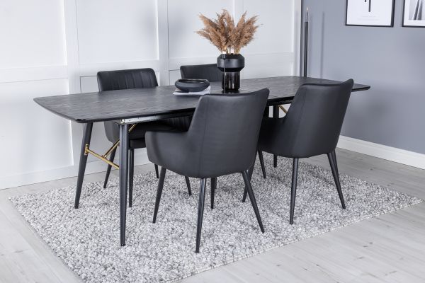 Imagine Tabel de extensie Gold - 180/220*85*H76 Furnir negru - Picioare negre - Detalii din alama + Comfort - Set de 2 scaune de dining - negru/negru _4