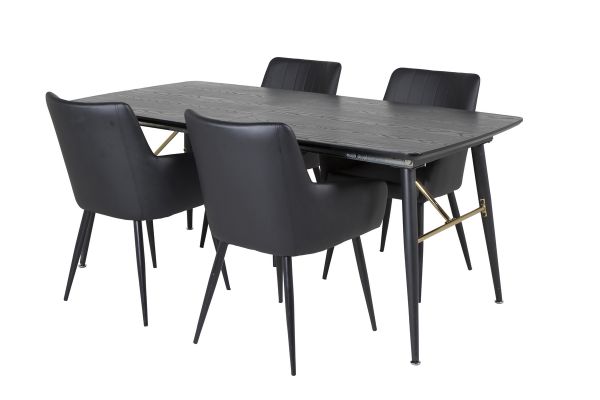 Imagine Tabel de extensie Gold - 180/220*85*H76 Furnir negru - Picioare negre - Detalii din alama + Comfort - Set de 2 scaune de dining - negru/negru _4