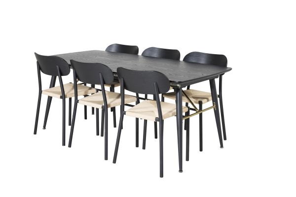 Imagine Tabel de extensie Gold - 180/220*85*H76 Furnir negru - Picioare negre - Detalii din alama + Set de 2 scaune de dining din oțel Polly, K/D, Spătar negru - Scaun cu lumină spate _6